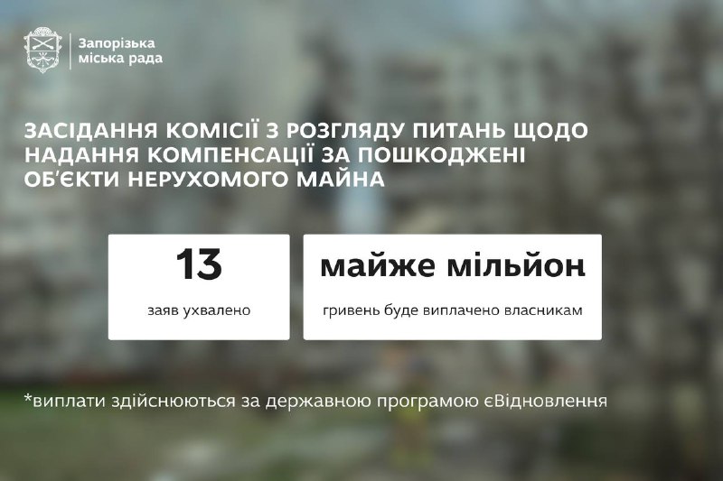 🏚 Ще 13 запоріжців отримають грошову компенсацію на ремонт свого житла, пошкодженого російськими обстрілами