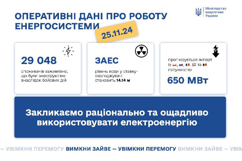  СИТУАЦІЯ В ЕНЕРГОСИСТЕМІ на 2️⃣ 5️⃣ листопада: енергетики відновили живлення для понад 29 тисяч споживачів