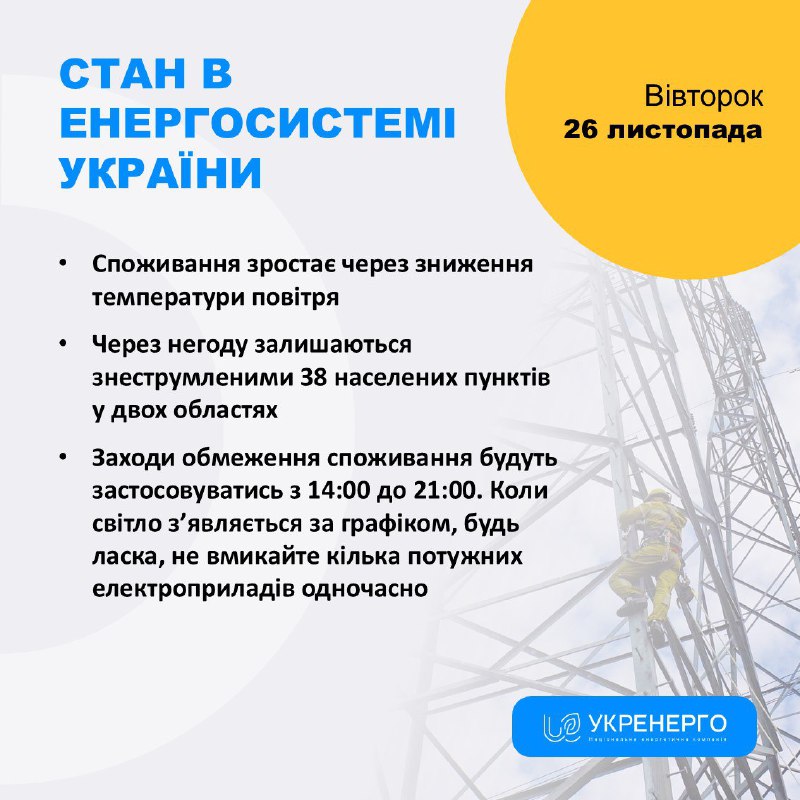 Сьогодні в усіх областях України графіки відключення електроенергії діятимуть з 14:00 до 21:00 ,